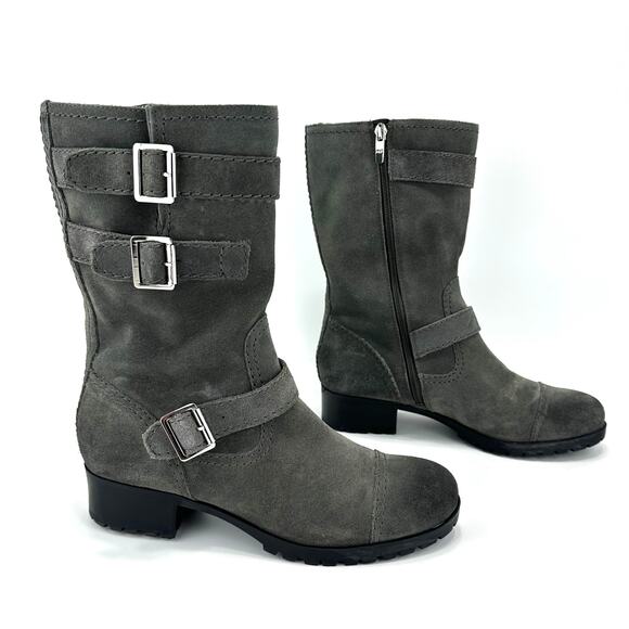 Marc Fisher Arianna Women Gray Moto Boot Size 9 Suede Block Heel Mid-Calf Bootie - Picture 1 of 15